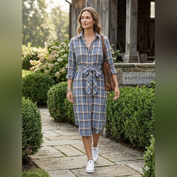 Polo by Ralph Lauren Blue and Cream Plaid Tie-Waist Midi Dress - Picture 3 of 7